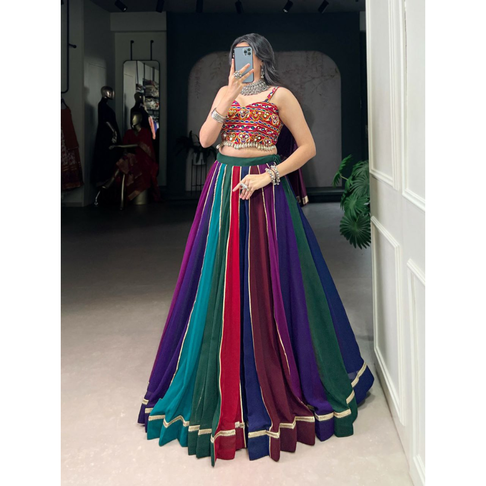 Georgette Mirror Work Lehenga Set with Gamthi & Cowrie Lace