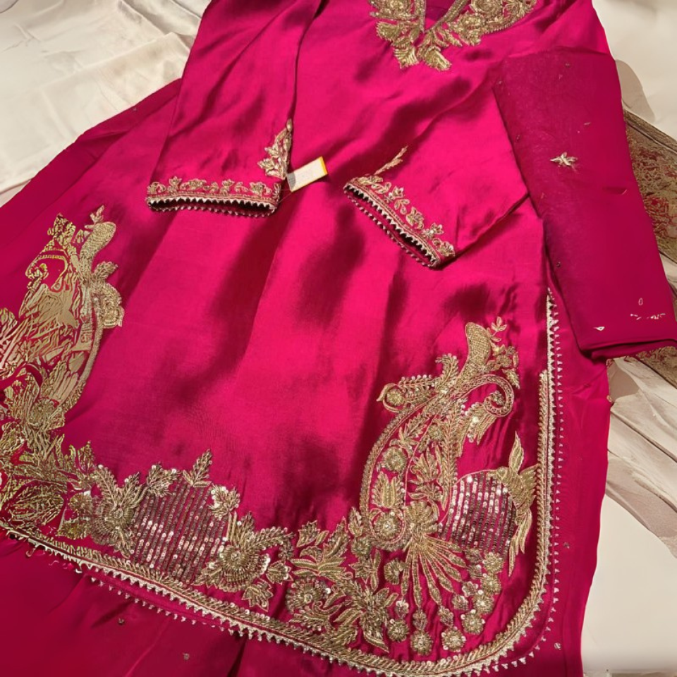 Pure French Crepe Embroidered Kurti Set with Plazzo & Dupatta
