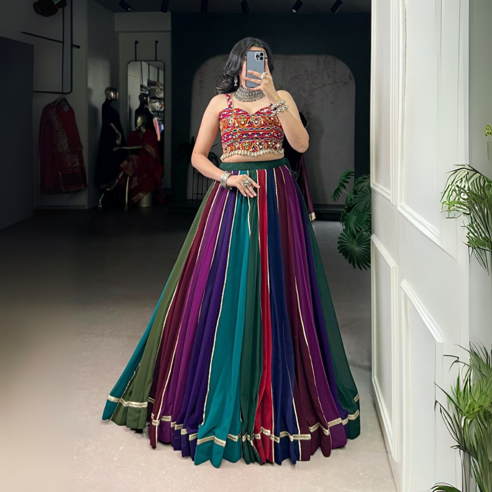 Georgette Mirror Work Lehenga Set with Gamthi & Cowrie Lace