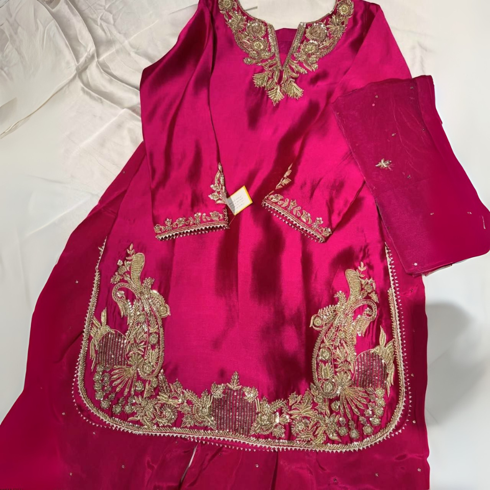 Pure French Crepe Embroidered Kurti Set with Plazzo & Dupatta