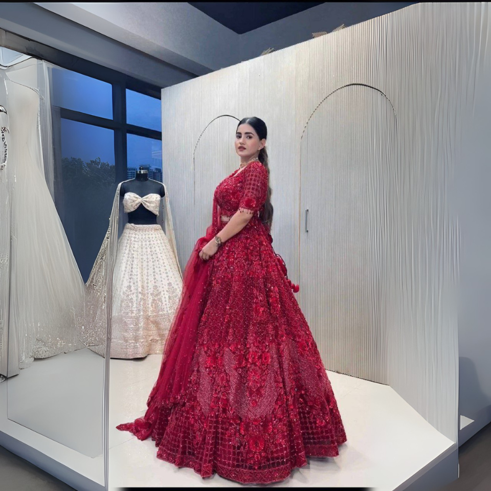 Elegant net lehenga with thread, dori, sequins & pearl bead work
