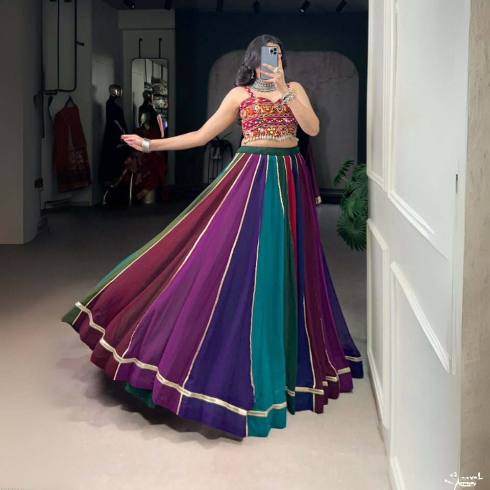 Georgette Mirror Work Lehenga Set with Gamthi & Cowrie Lace