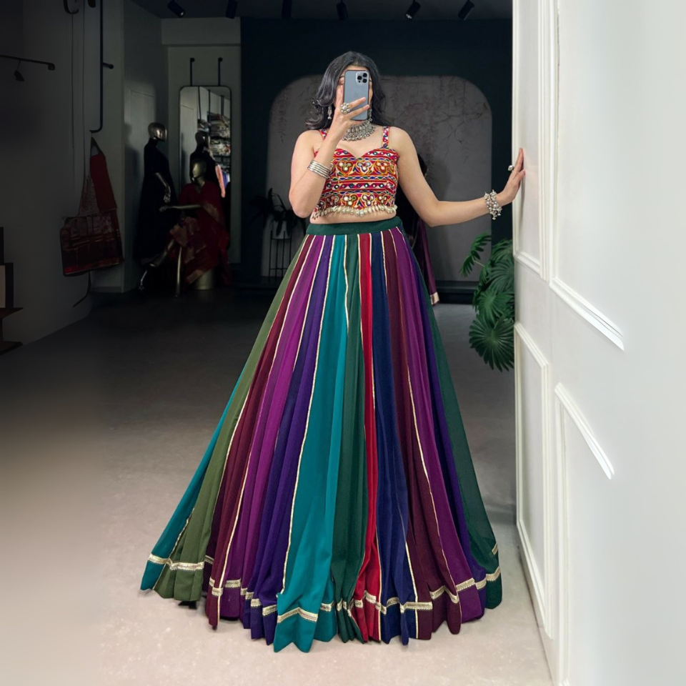 Georgette Mirror Work Lehenga Set with Gamthi & Cowrie Lace