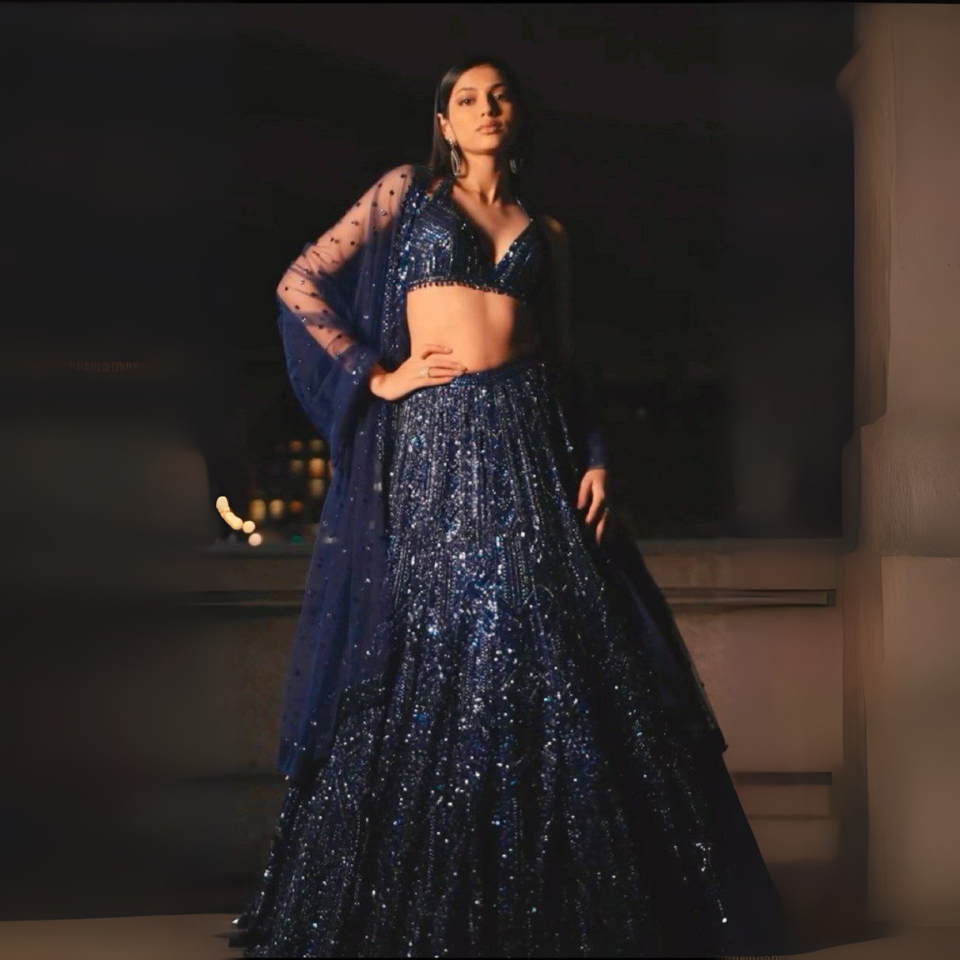 Net lehenga with sequins & Dori work
