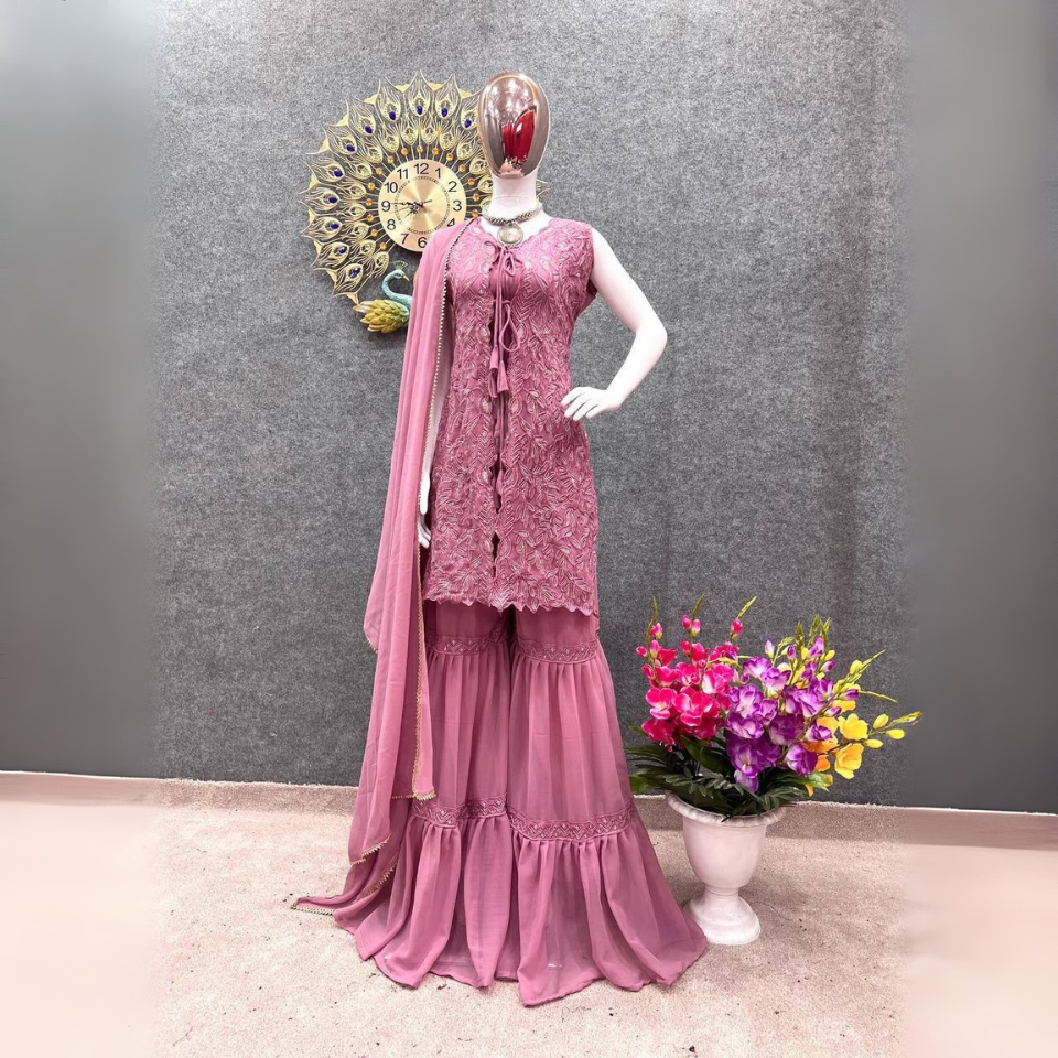 Designer Party Wear Sharara Set with Shrug, Choli & Dupatta