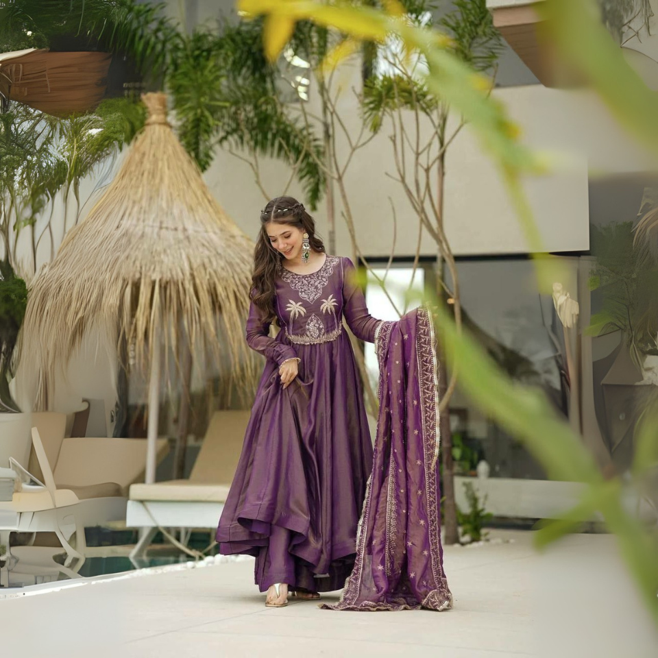 Designer Gold Crash Embroidered Gown Set with Dupatta