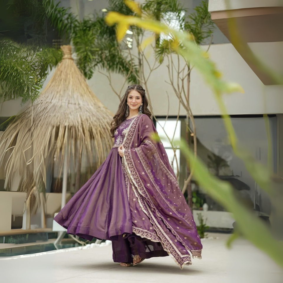 Designer Gold Crash Embroidered Gown Set with Dupatta