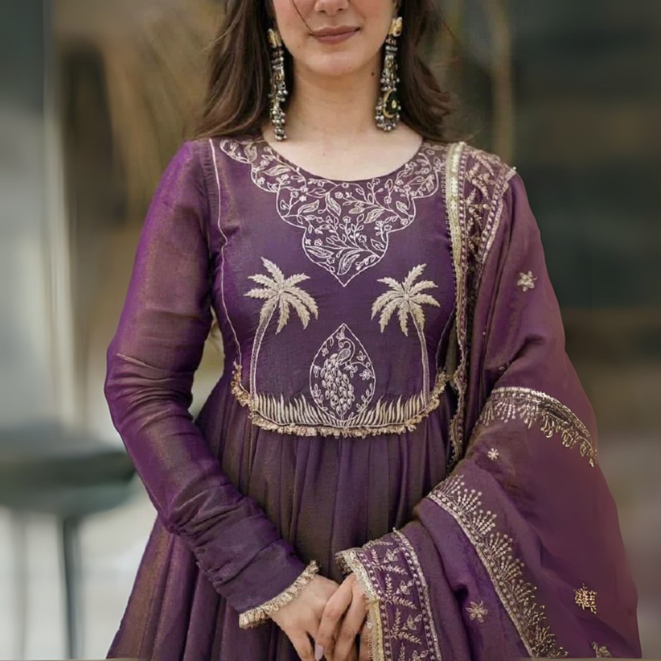 Designer Gold Crash Embroidered Gown Set with Dupatta