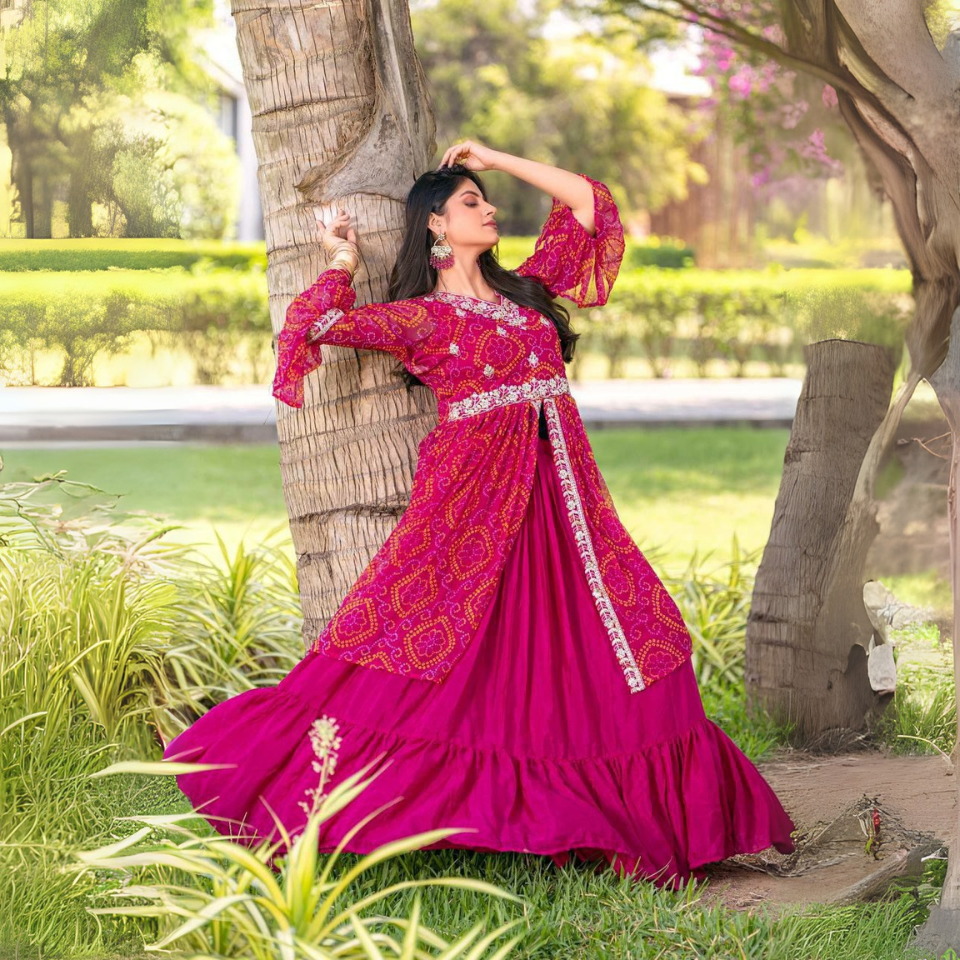 Pure Bandhej Choli with Chinon Lehenga & Shrug