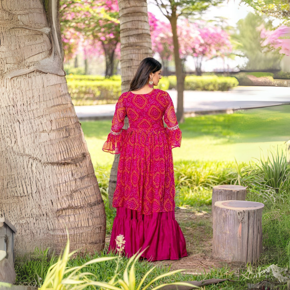 Pure Bandhej Choli with Chinon Lehenga & Shrug