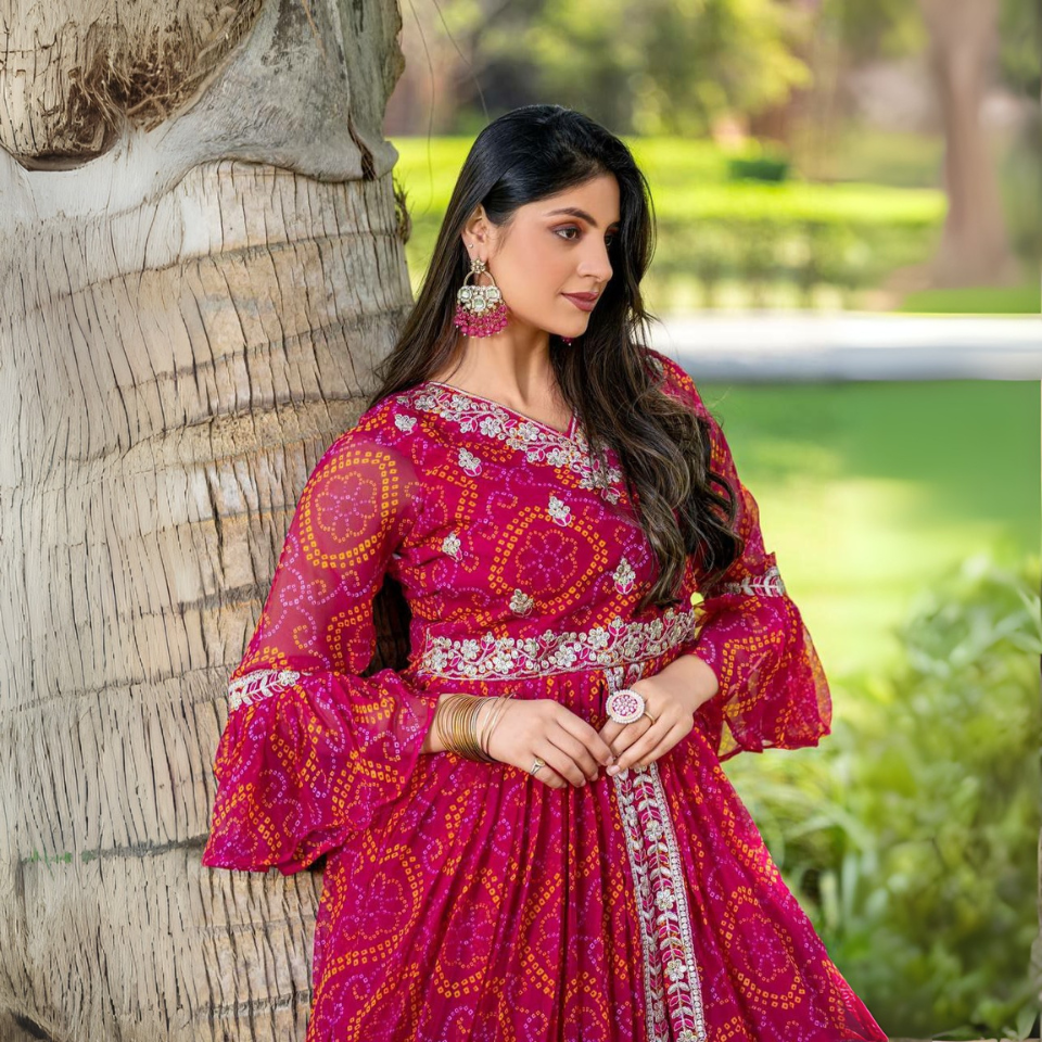 Pure Bandhej Choli with Chinon Lehenga & Shrug