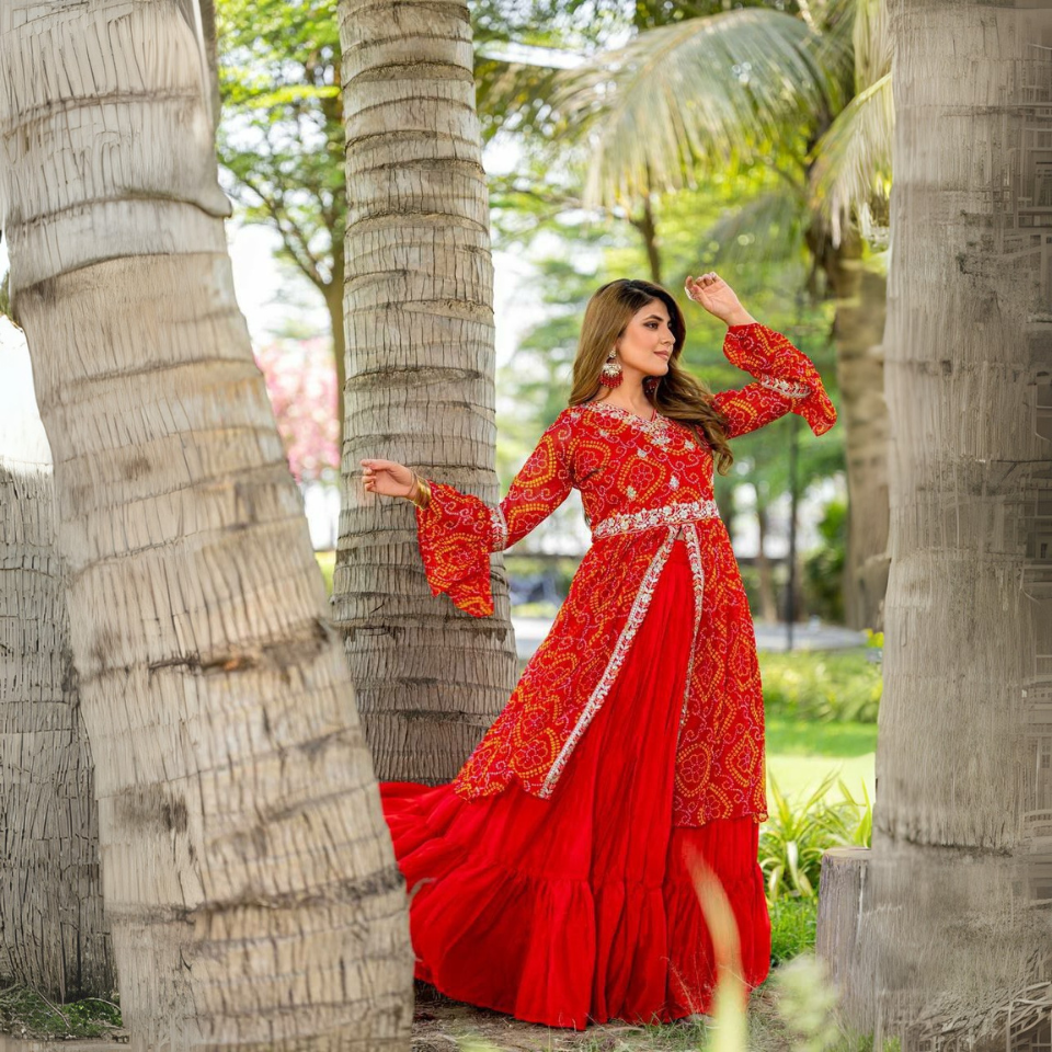 Pure Bandhej Choli with Chinon Lehenga & Shrug