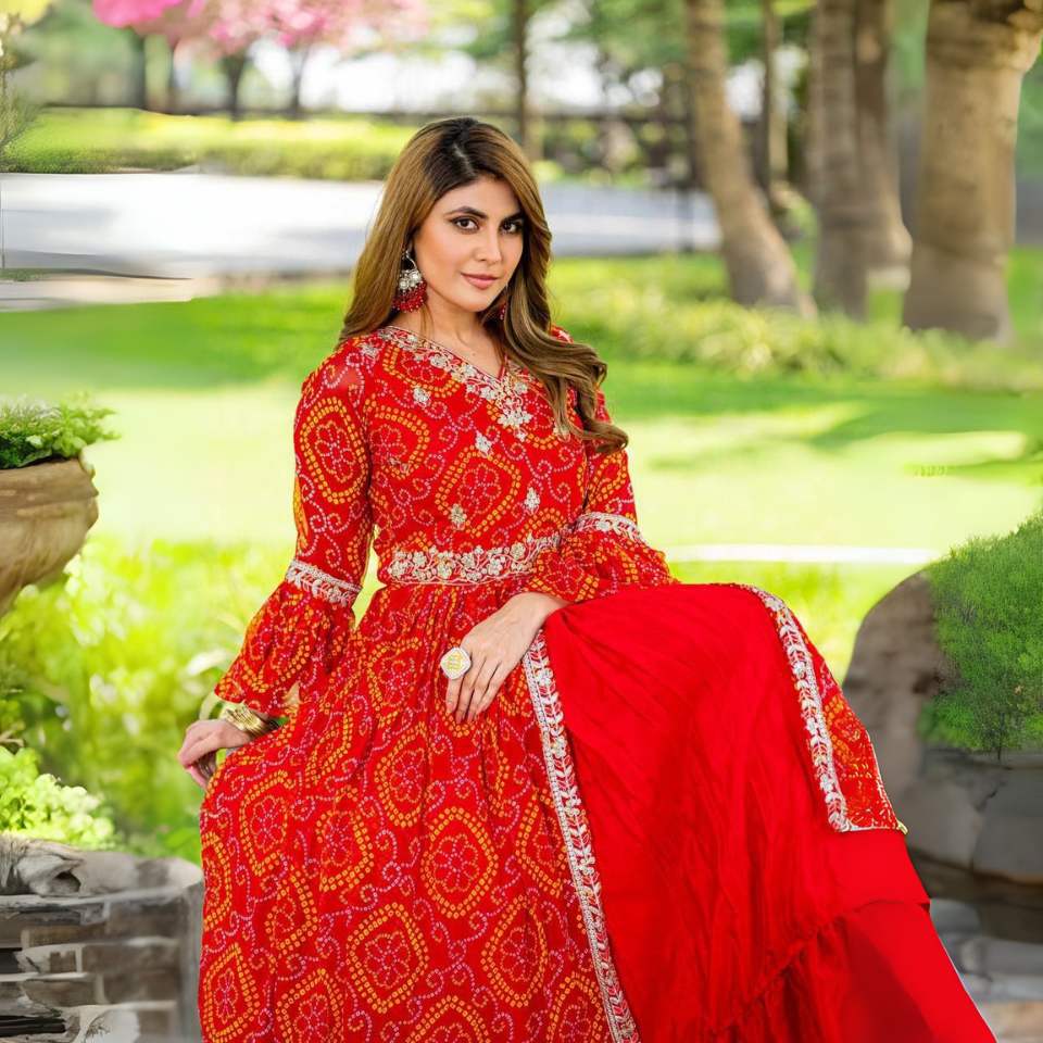 Pure Bandhej Choli with Chinon Lehenga & Shrug
