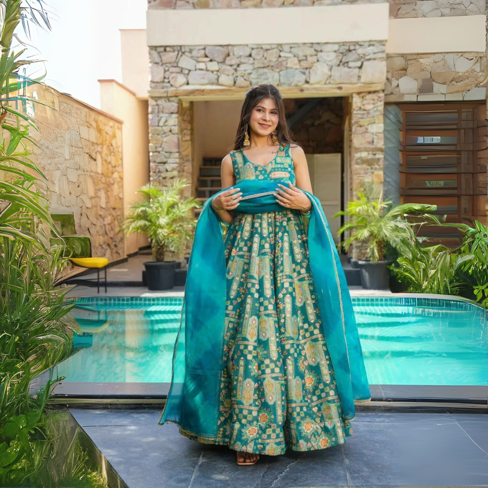 Premium Digital Printed Jimmy Organza Anarkali Gown with Dupatta