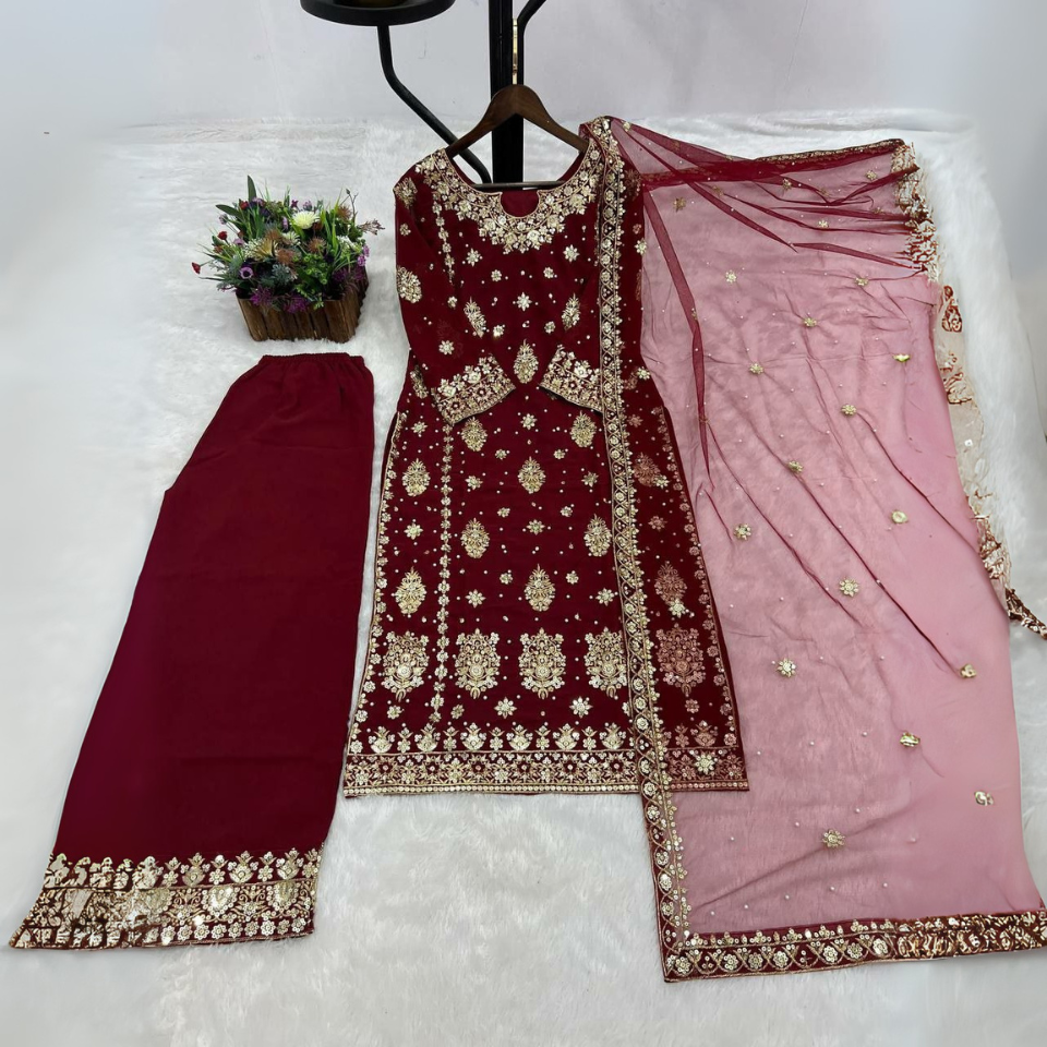 Faux Georgette Embroidered Kurti Plazzo Set