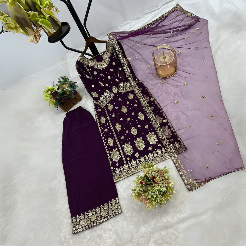 Faux Georgette Embroidered Kurti Plazzo Set