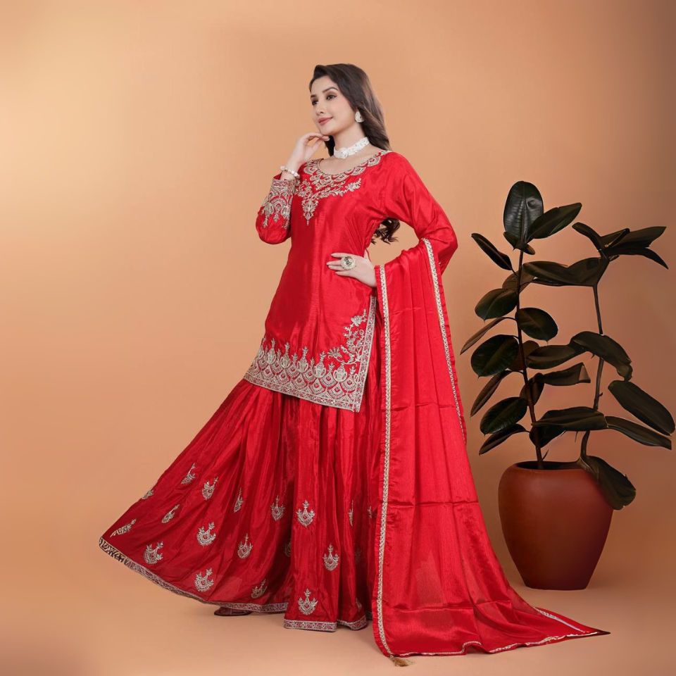 Chinon Silk Embroidered Kurti with Plazzo Set