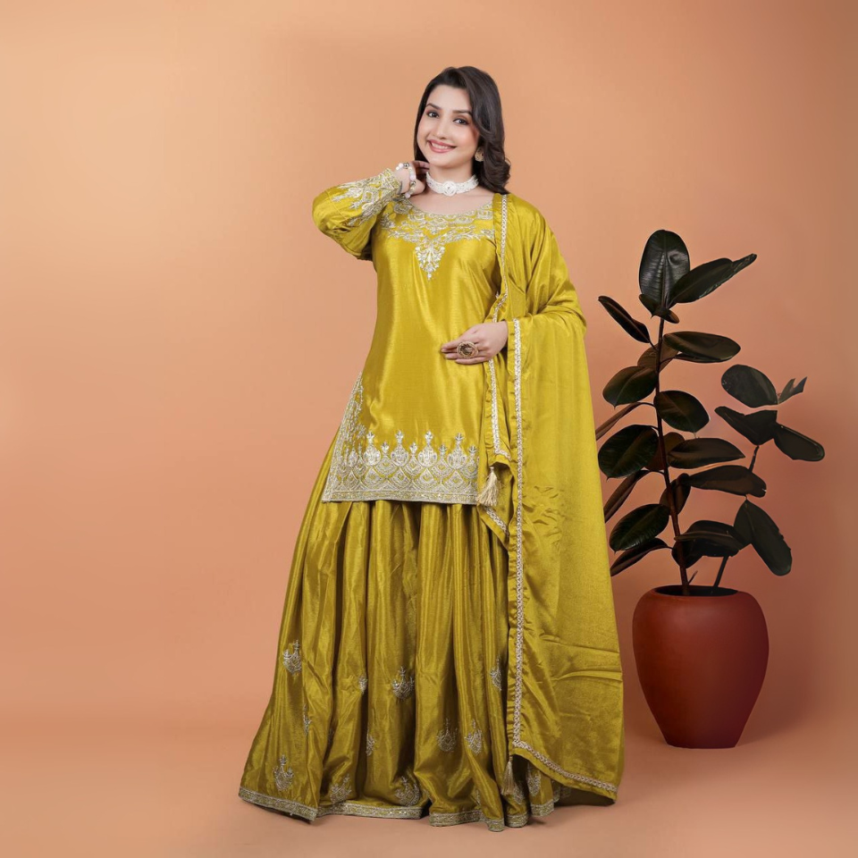 Chinon Silk Embroidered Kurti with Plazzo Set