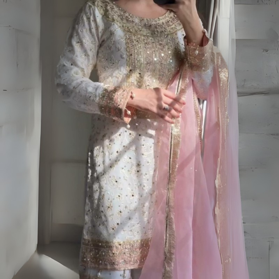 Heavy Faux Georgette Embroidered Kurti Sharara Set with Dupatta