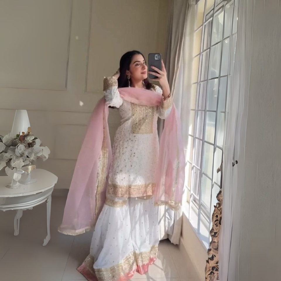 Heavy Faux Georgette Embroidered Kurti Sharara Set with Dupatta