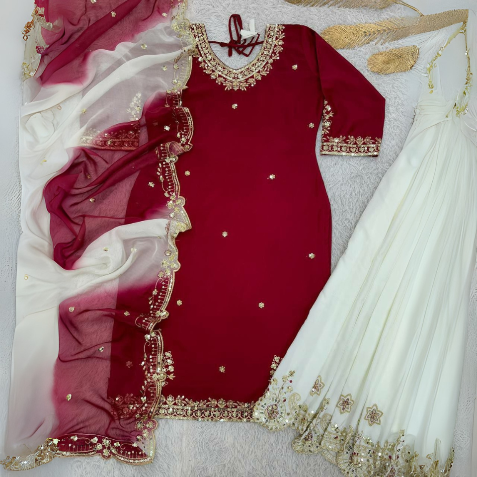 Pure French Crepe Embroidered Kurti Set with Plazzo & Dupatta