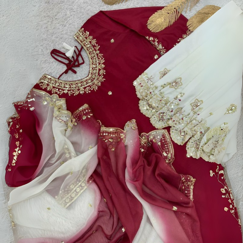 Pure French Crepe Embroidered Kurti Set with Plazzo & Dupatta