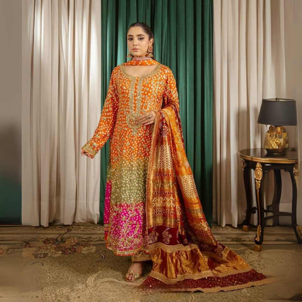 Heavy Chinon Silk Embroidered Kurti Set with Plazzo & Dupatta
