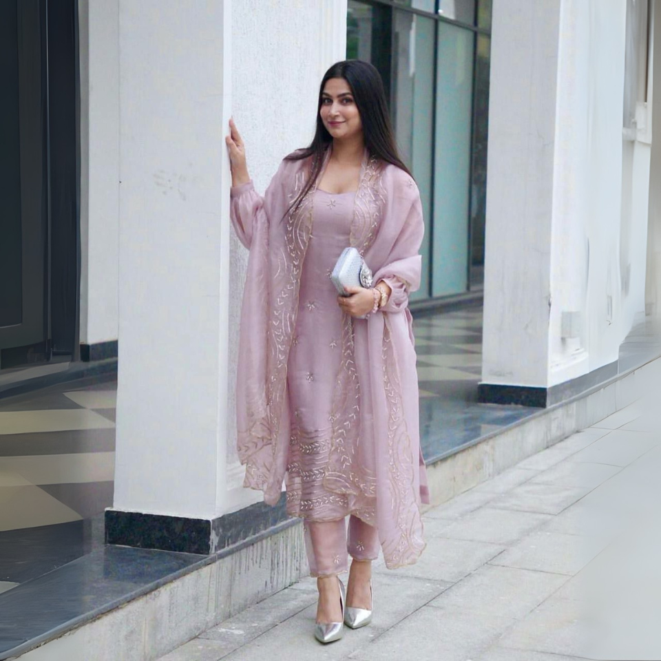 Soft Teby Silk Embroidered Kurti Set with Dupatta