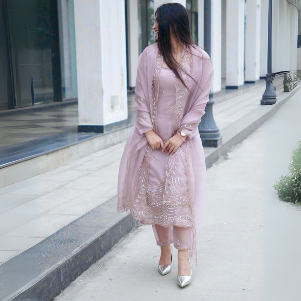 Soft Teby Silk Embroidered Kurti Set with Dupatta