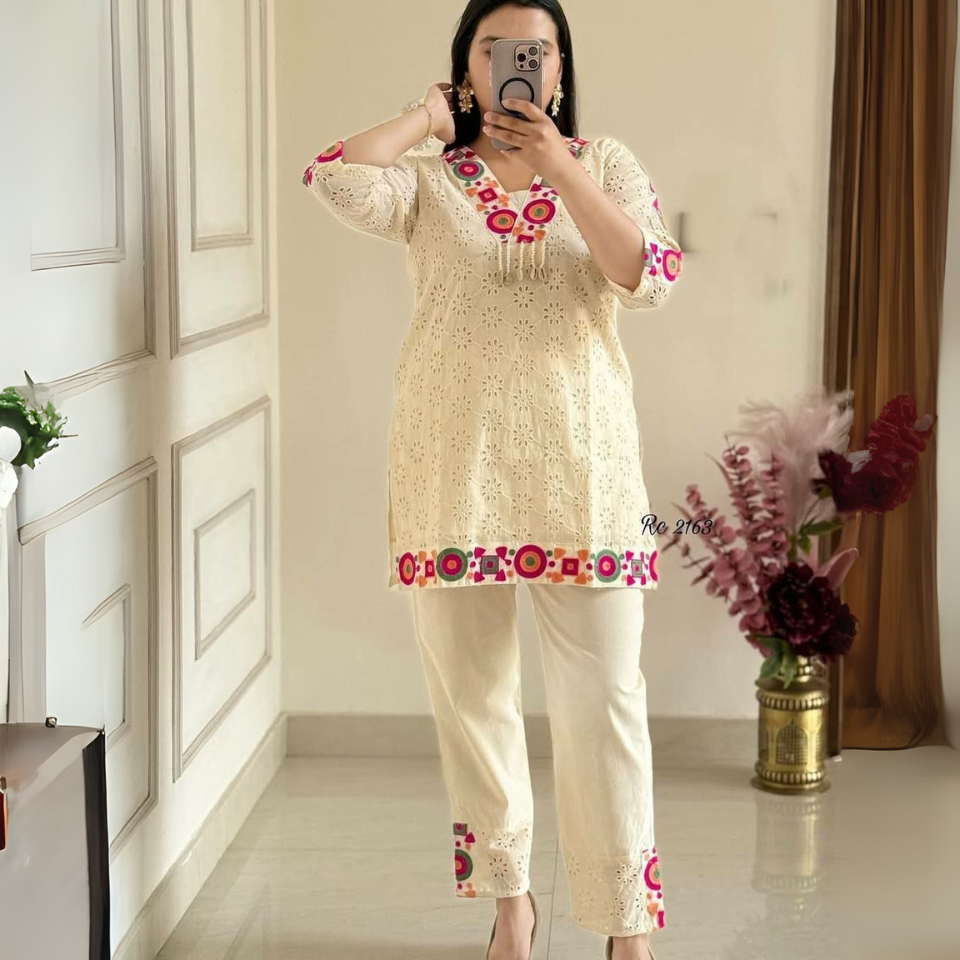 Khadi Cotton Schiffli Work Co-ord Set