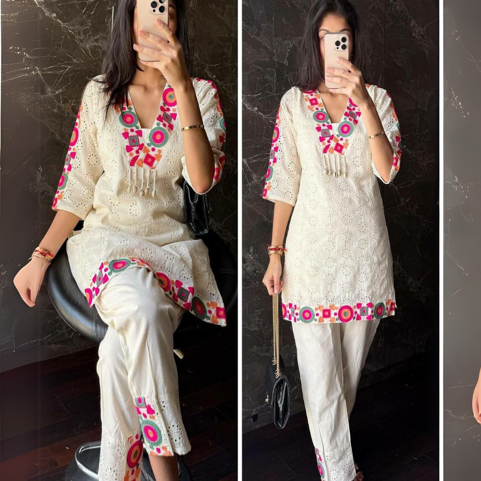 Khadi Cotton Schiffli Work Co-ord Set