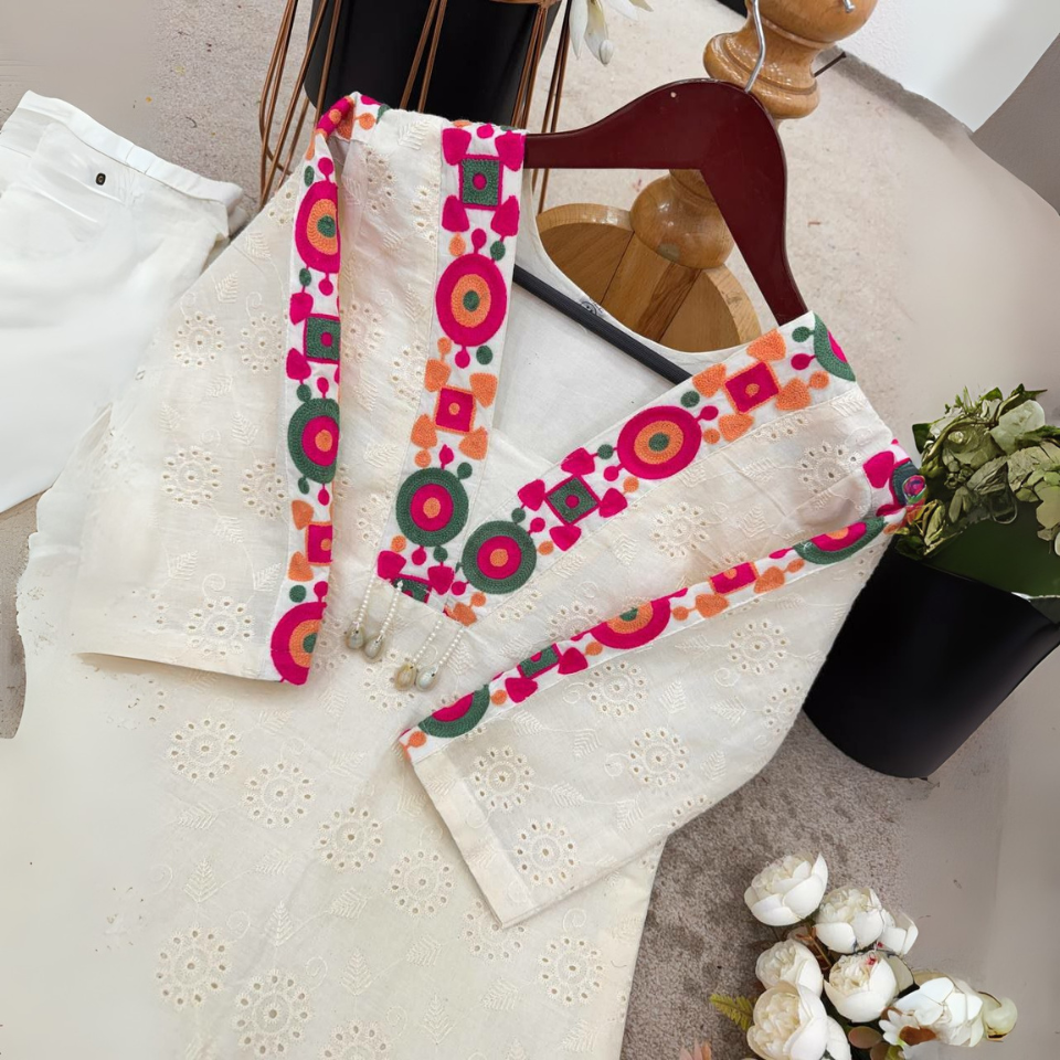 Khadi Cotton Schiffli Work Co-ord Set