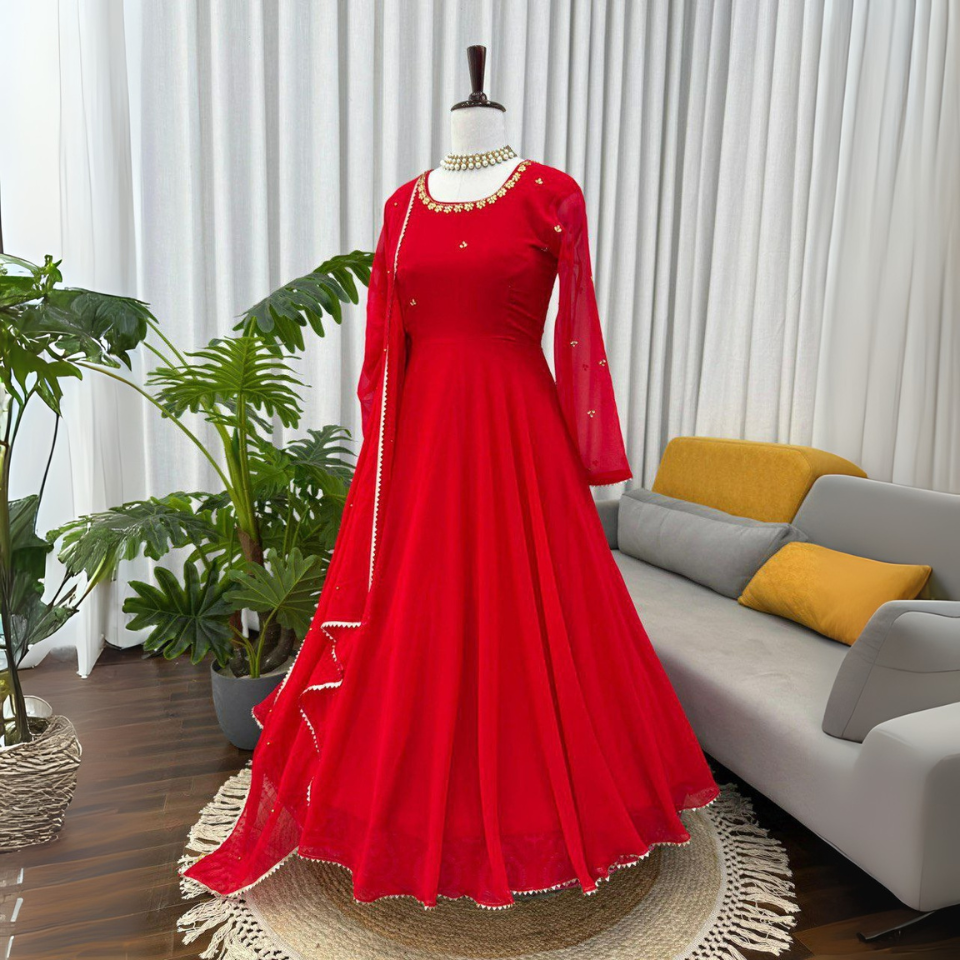 Designer Faux Georgette Embroidered Gown Set