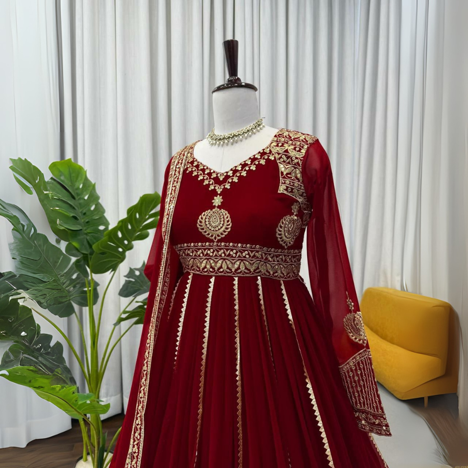 Designer Faux Georgette Embroidered Anarkali Set