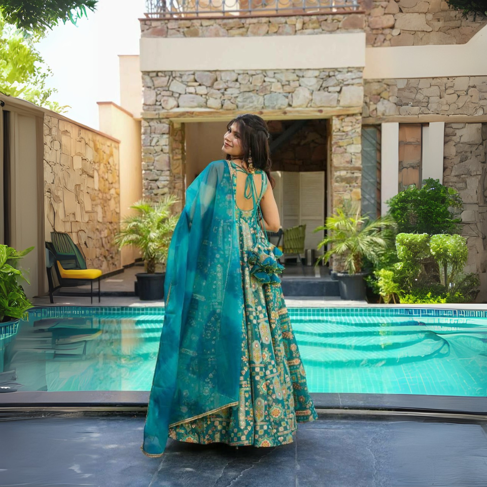 Premium Digital Printed Jimmy Organza Anarkali Gown with Dupatta