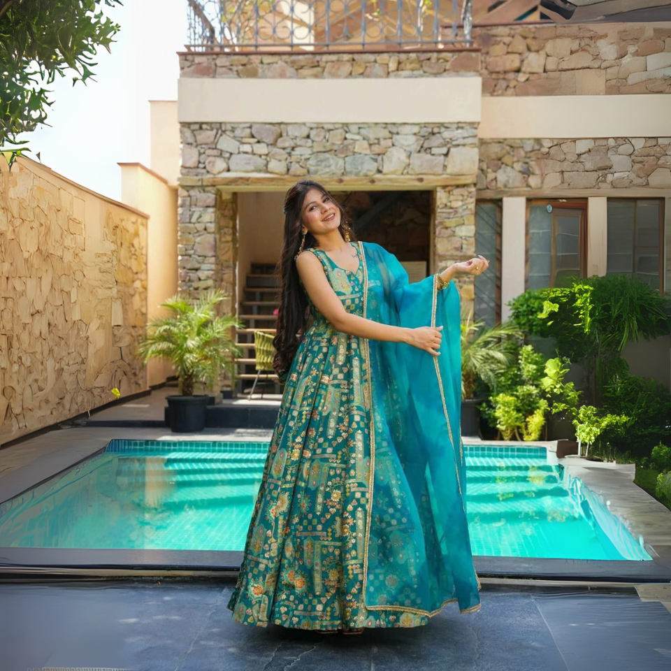 Premium Digital Printed Jimmy Organza Anarkali Gown with Dupatta