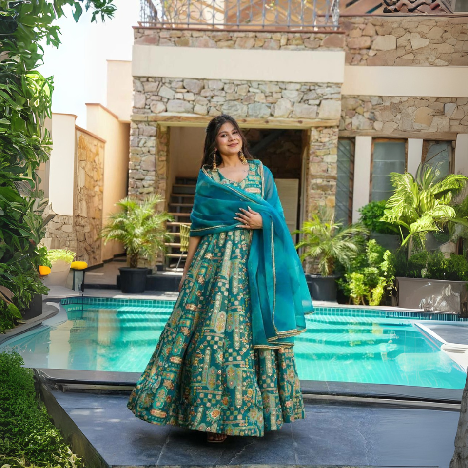 Premium Digital Printed Jimmy Organza Anarkali Gown with Dupatta