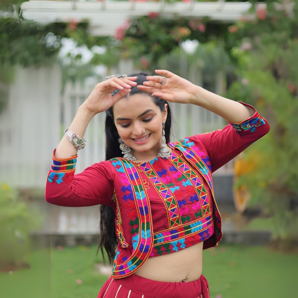 Roman Fabric Lehenga Choli with Kutchi Gamthi Embroidery