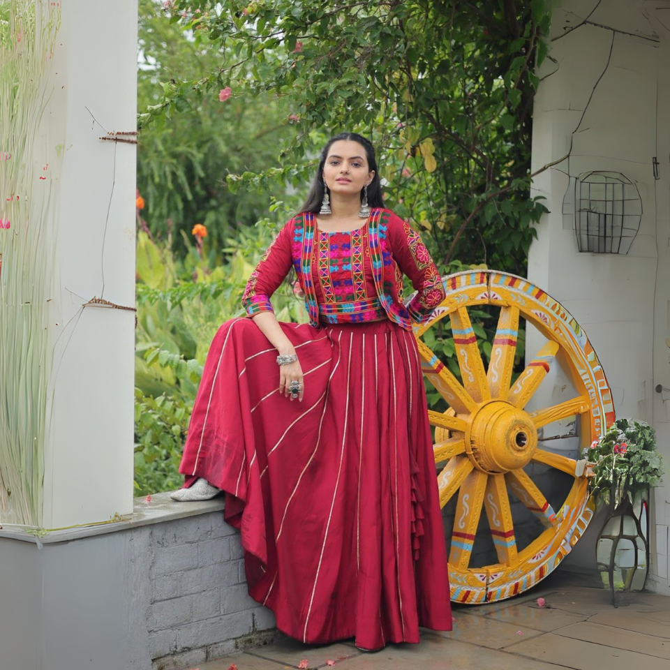 Roman Fabric Lehenga Choli with Kutchi Gamthi Embroidery