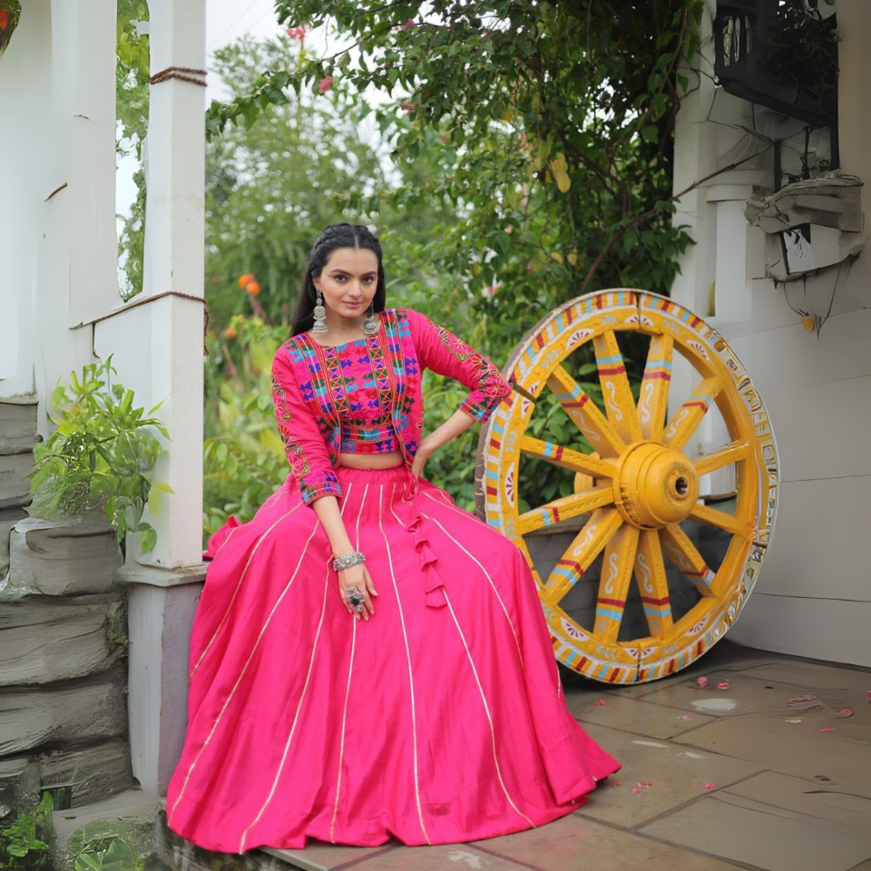 Roman Fabric Lehenga Choli with Kutchi Gamthi Embroidery
