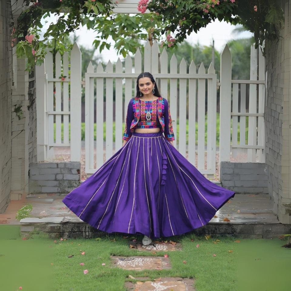 Roman Fabric Lehenga Choli with Kutchi Gamthi Embroidery