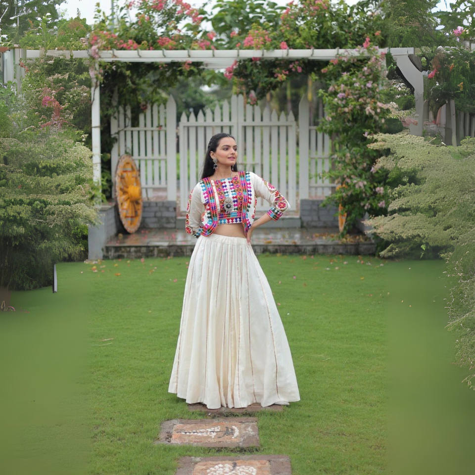 Roman Fabric Lehenga Choli with Kutchi Gamthi Embroidery