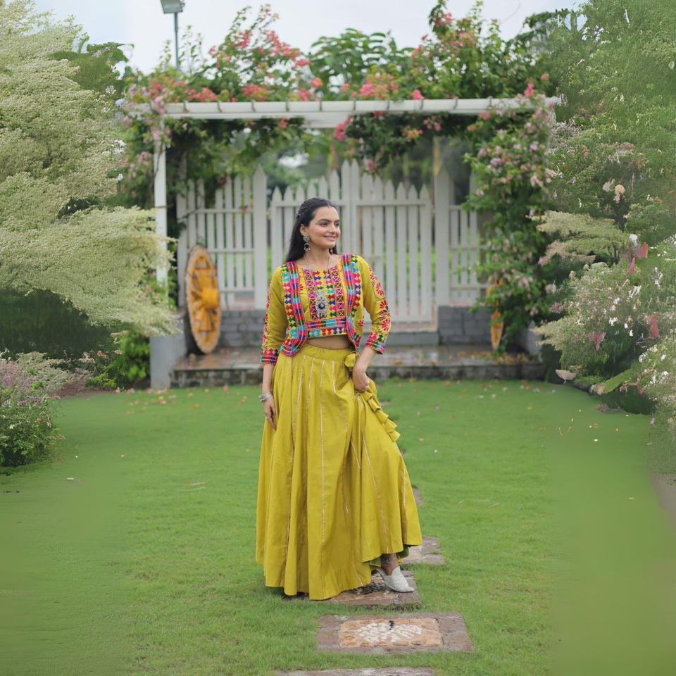 Roman Fabric Lehenga Choli with Kutchi Gamthi Embroidery
