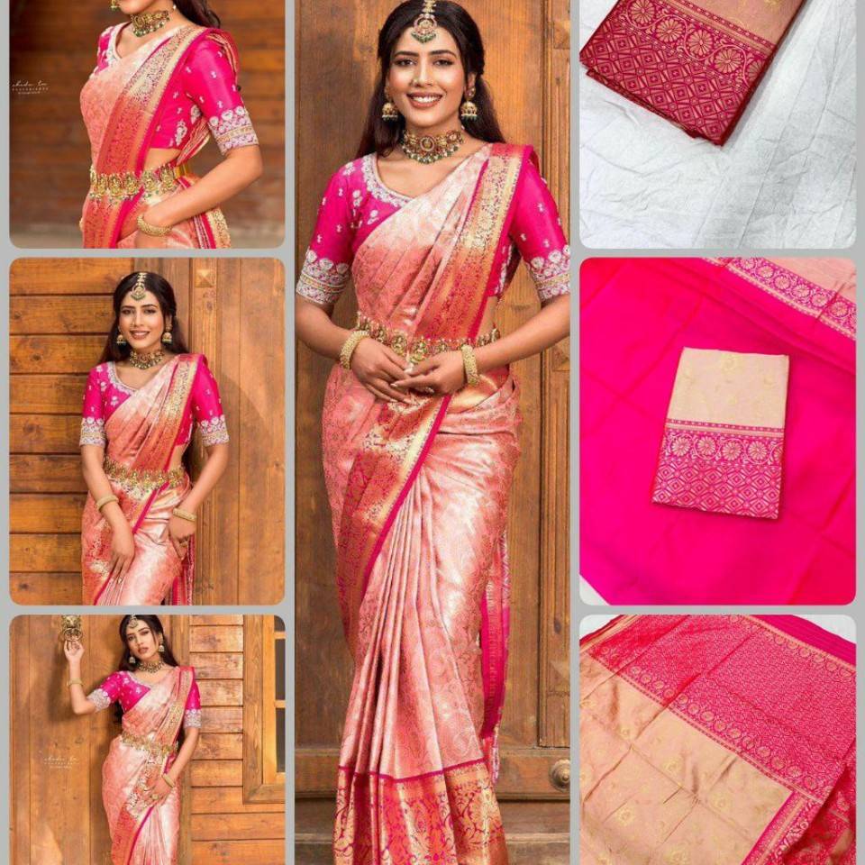 Soft Lichi Silk Saree with Rich Jacquard Work & Contrast Blouse