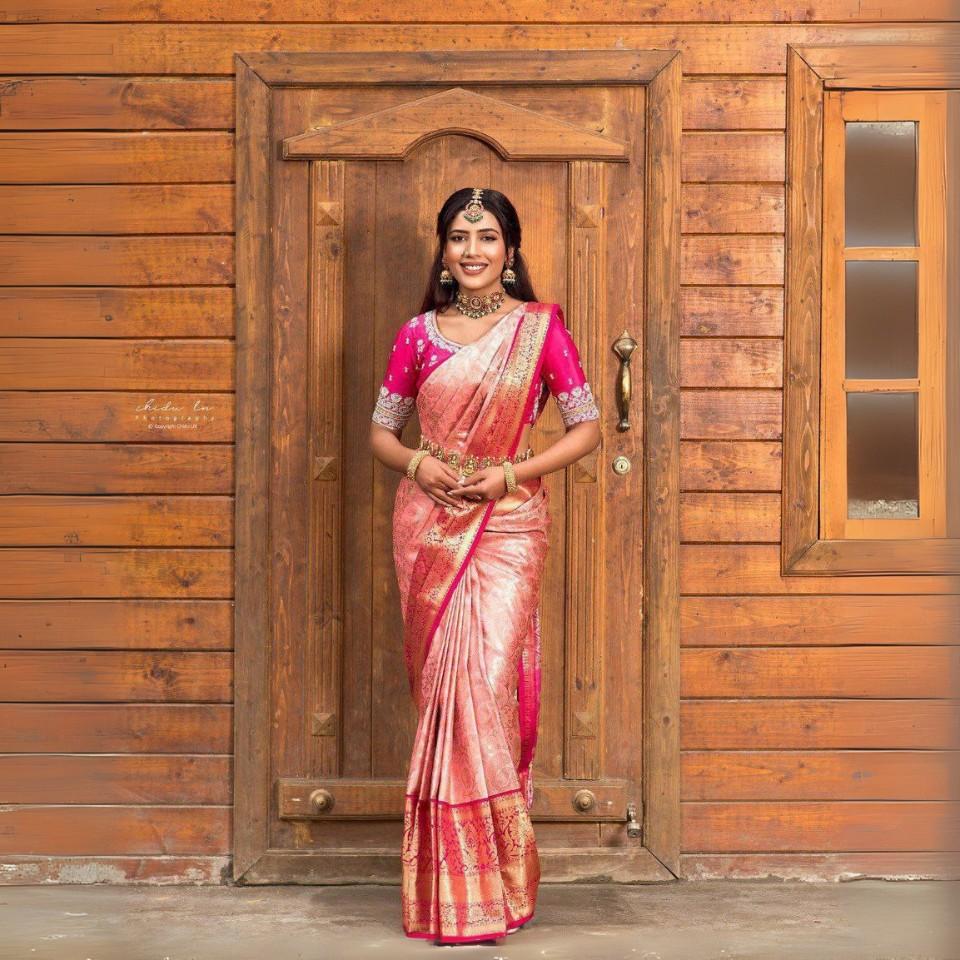 Soft Lichi Silk Saree with Rich Jacquard Work & Contrast Blouse