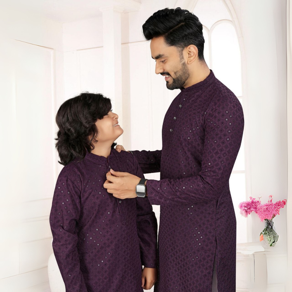 Stylish father-son kurta set in cotton rayon with heavy embroidery