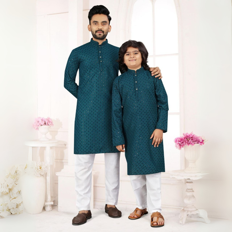 Stylish father-son kurta set in cotton rayon with heavy embroidery