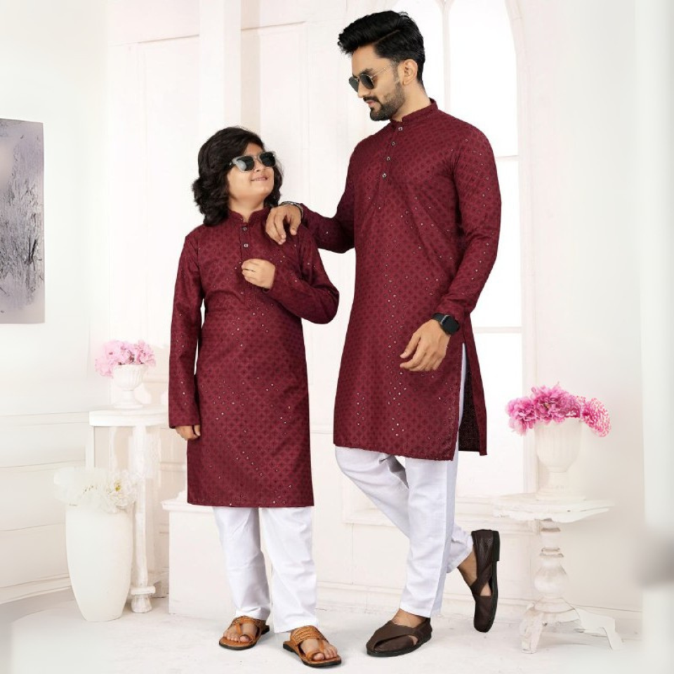 Stylish father-son kurta set in cotton rayon with heavy embroidery