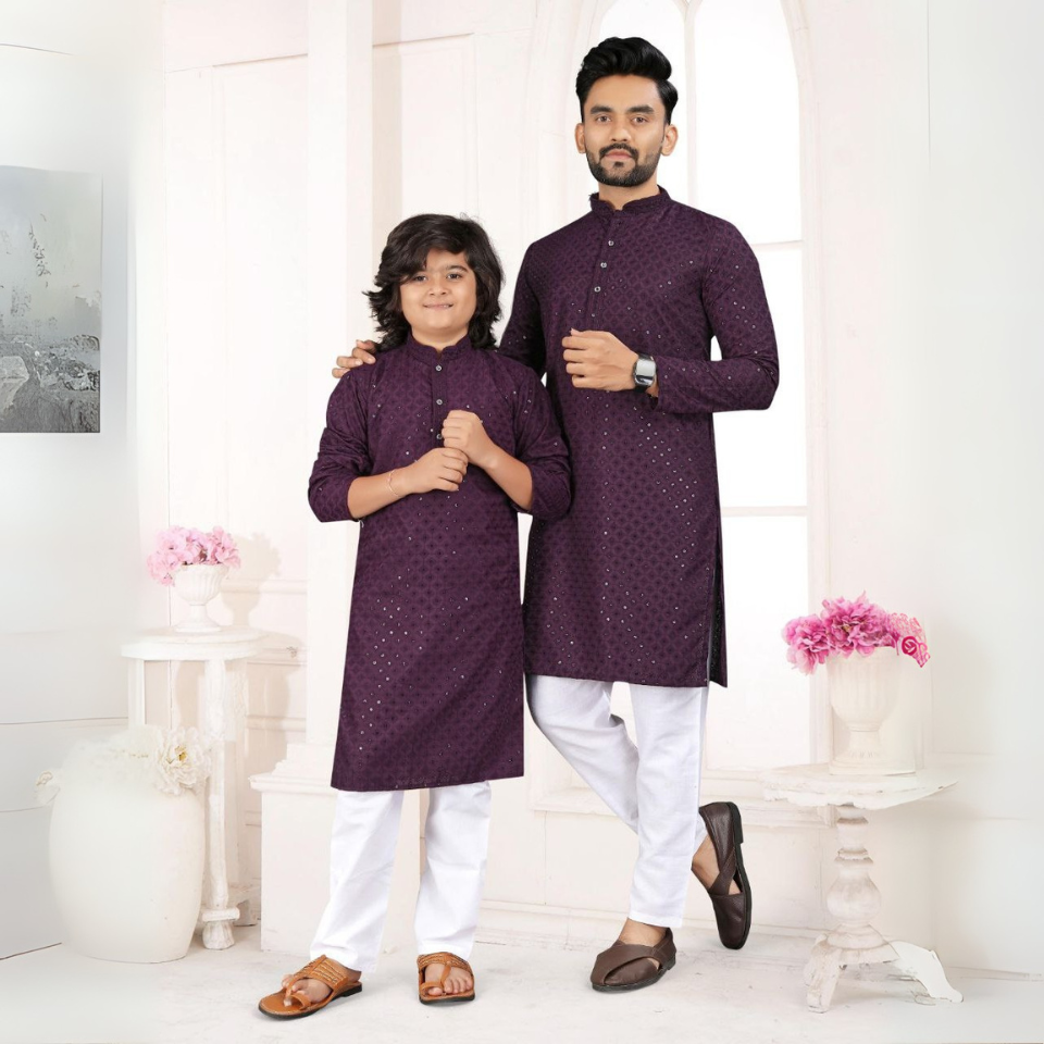 Stylish father-son kurta set in cotton rayon with heavy embroidery