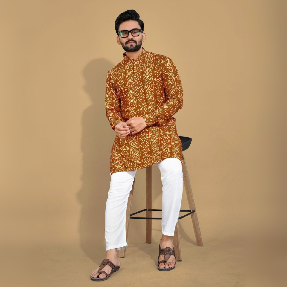 Classic men’s kurta - premium soft cotton with foil print